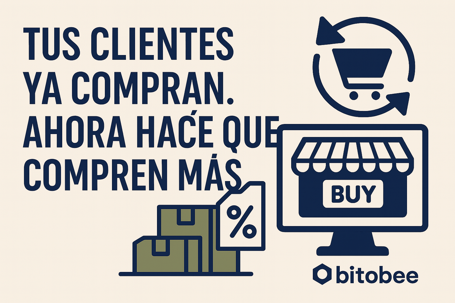 Imagen con íconos de ecommerce B2B y texto “Tus clientes ya compran. Ahora hacé que compren más”, sobre fondo claro, con logo de Bitobee.